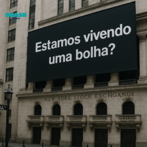 Edifício em Nova York com uma placa dizendo "estamos vivento em uma bolha?"