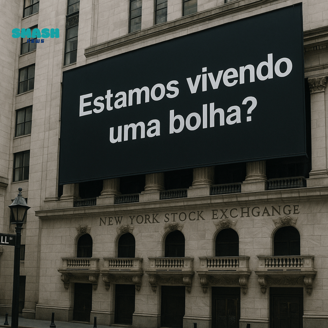 Edifício em Nova York com uma placa dizendo "estamos vivento em uma bolha?"