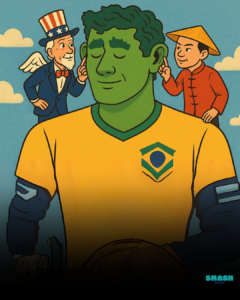 Brasileiro com o tio Sam de um lado do ombro e um chines do outro