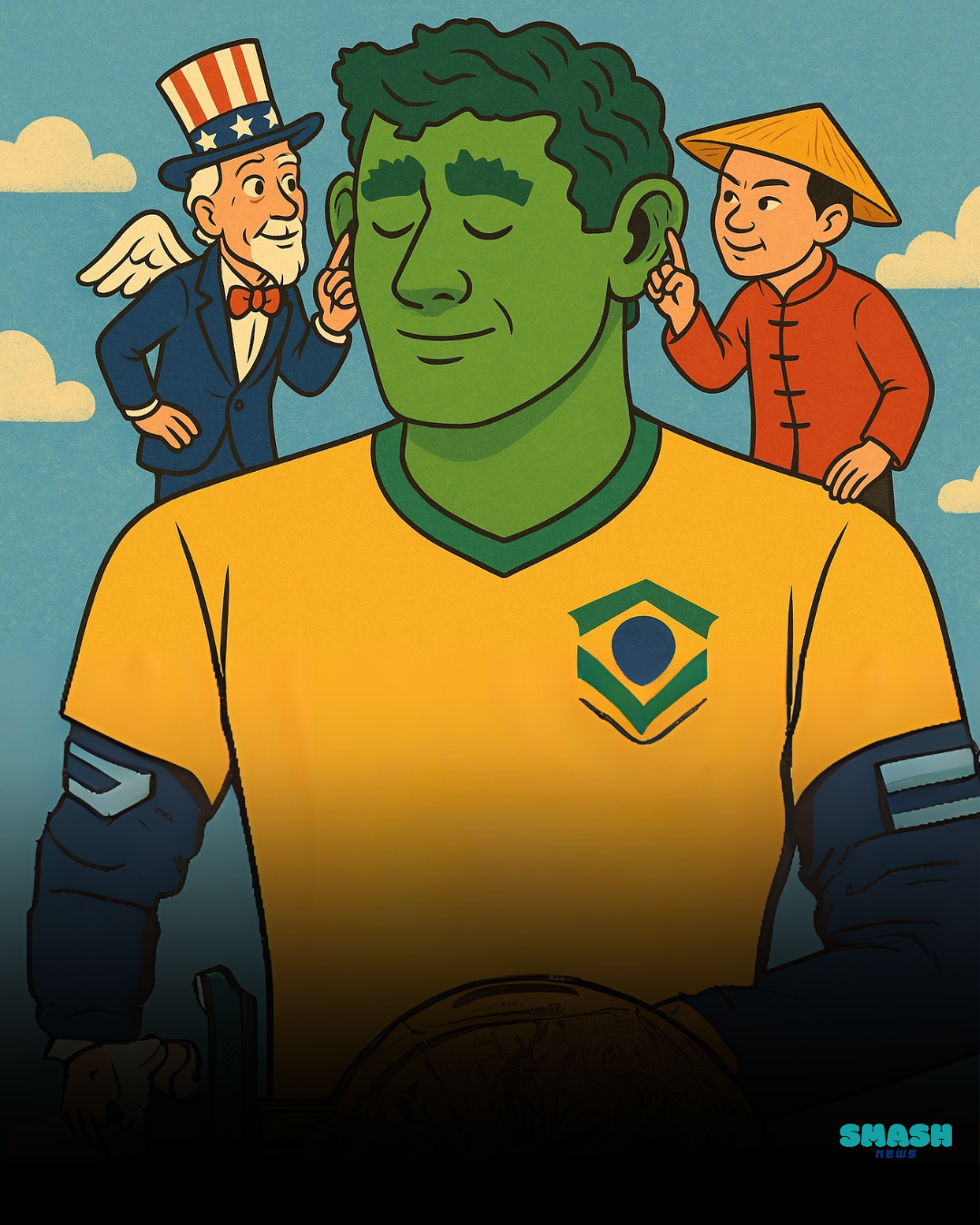 Brasileiro com o tio Sam de um lado do ombro e um chines do outro