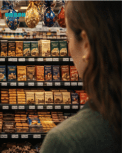 cloiente em loja com varias opções de chocolate para a páscoa